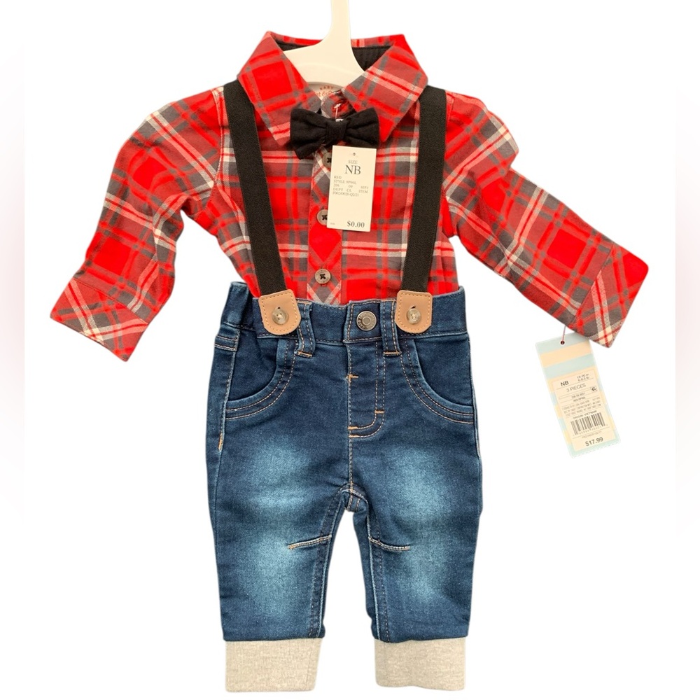 Cat & Jack Newborn Red Plaid Bodysuit with Blue Denim Pants Suspenders Set